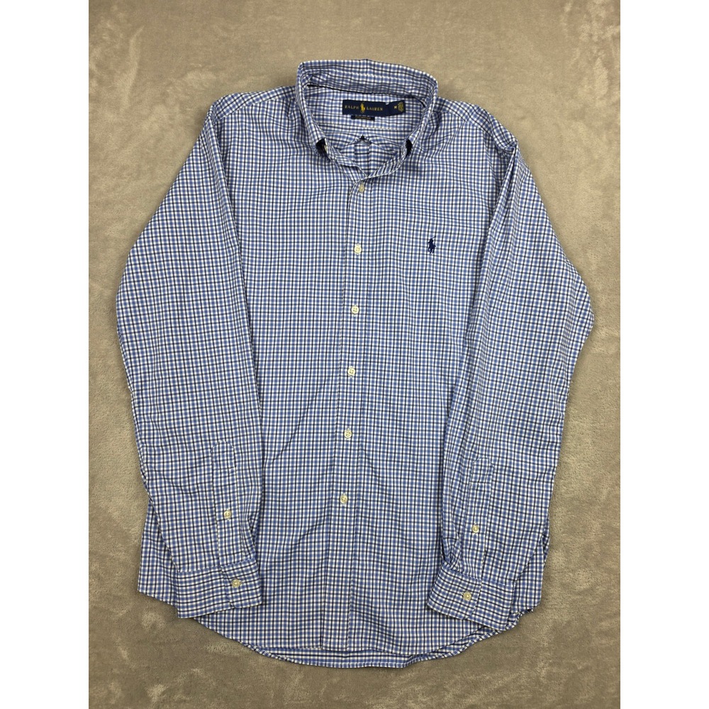 Ralph Lauren Button Down Performance Shirt Mens M Blue Gingham Stretch Nylon